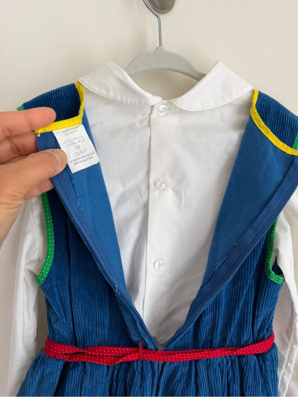 Girls Vintage Blue Velvet Apple Appliqué Dress with White PeterPan Collar Blouse